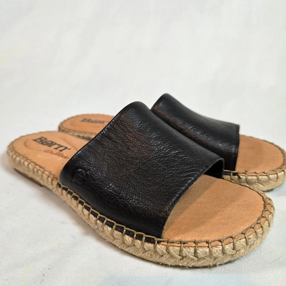 BORN Drilles Black Leather Espadrille Slide‎ Sandals Womens 8M